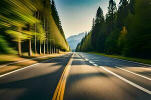 un borroso imagen de un la carretera con arboles y montañas. generado por ai foto