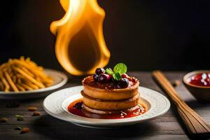 un plato de panqueques con salsa y un fuego. generado por ai foto