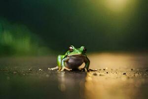 a frog sitting on the ground in front of a green background. AI-Generated photo