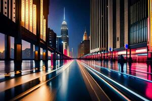 un largo exposición fotografía de un ciudad calle a noche. generado por ai foto