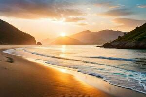 the sun rises over the ocean and mountains in this beautiful photo. AI-Generated photo