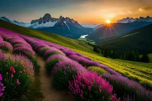 the sun sets over a field of purple flowers. AI-Generated photo