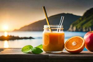 a glass of orange juice with an apple and an orange on a table. AI-Generated photo