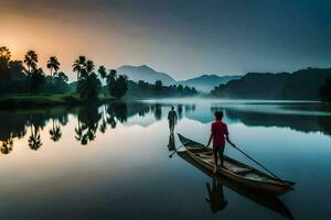 two people in a boat on a lake at sunset. AI-Generated photo