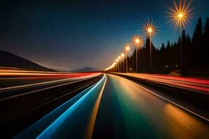 a long exposure photo of a highway at night. AI-Generated