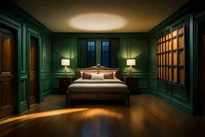 a bedroom with green walls and wood floors. AI-Generated photo