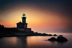 a lighthouse is seen at sunset with a beautiful view. AI-Generated photo