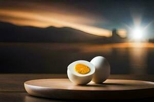 two hard boiled eggs on a wooden table with a sunset in the background. AI-Generated photo