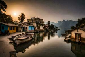 a boat sits on the water in front of a house. AI-Generated photo