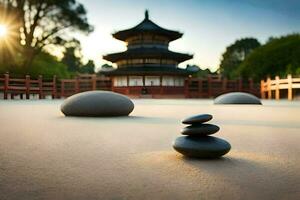 a japanese pagoda in the background with stones. AI-Generated photo