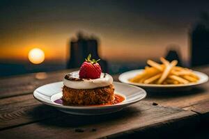 un postre y papas fritas en un mesa con un puesta de sol en el antecedentes. generado por ai foto