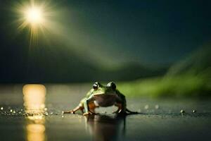 a frog sitting on the ground in the rain. AI-Generated photo