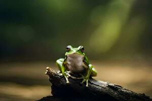 a frog sitting on a log in the dark. AI-Generated photo