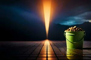 a bucket of peanuts on a tile floor with a light coming from the sky. AI-Generated photo