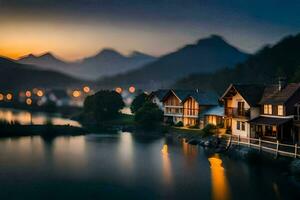 a lake and houses in the mountains at dusk. AI-Generated photo