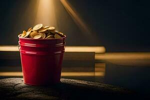 a red bucket filled with gold coins on a table. AI-Generated photo