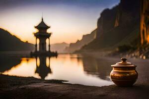 the golden pot is sitting on the shore of a lake. AI-Generated photo