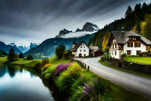 photo wallpaper mountains, the sky, clouds, water, house, river, mountains, lake,. AI-Generated