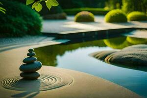 a zen garden with stones and water. AI-Generated photo