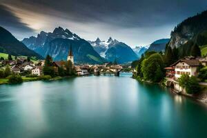 el suizo Alpes y el río. generado por ai foto