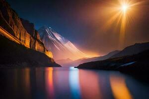 a mountain range with a lake and a bright light shining above it. AI-Generated photo