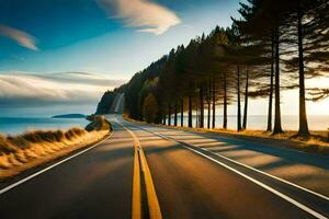 un largo vacío la carretera con arboles en cualquiera lado. generado por ai foto