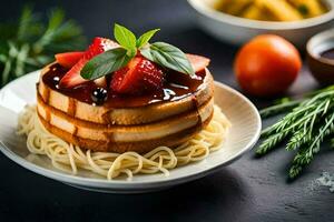 a plate with a stack of pancakes topped with strawberries and basil. AI-Generated photo