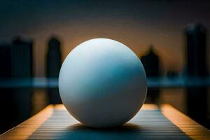 an egg sitting on a wooden board in front of a city skyline. AI-Generated photo
