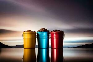 three buckets of food on a lake with a sky background. AI-Generated photo