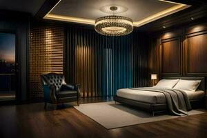 a bedroom with wooden paneling and a chandelier. AI-Generated photo