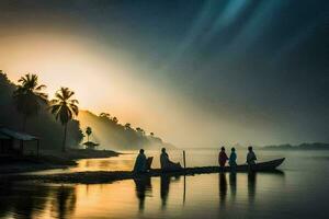 personas en un barco en el río a amanecer. generado por ai foto