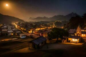 a village at night with a full moon in the sky. AI-Generated photo