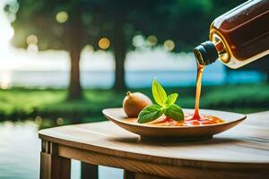 a bottle of sauce being poured over a bowl of food. AI-Generated photo