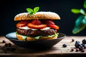 a hamburger with strawberries and cream on a plate. AI-Generated photo