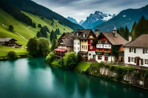photo wallpaper mountains, the sky, water, houses, the alps, switzerland, the. AI-Generated