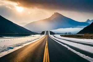 a long road with snow on the ground and mountains in the background. AI-Generated photo