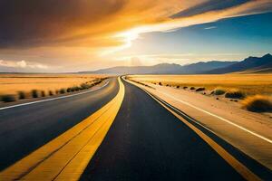 el la carretera a el puesta de sol. generado por ai foto