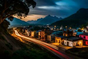 un pueblo a oscuridad con un montaña en el antecedentes. generado por ai foto