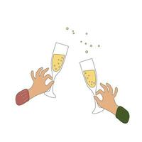 Hands clinking glasses of champagne with bubbles. Celebrating with drinks. vector