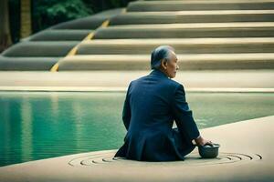 an older man sitting on a bench near a pool. AI-Generated photo