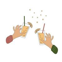 Hands clinking with juice in glass with bubbles. Celebrating without alcohol. Healthy party. vector