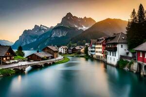 the beautiful town of switzerland at sunset. AI-Generated photo