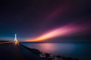 un largo exposición fotografía de el eiffel torre a noche. generado por ai foto