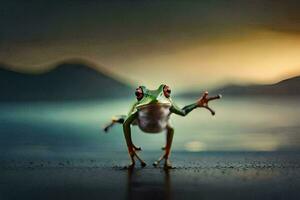 a frog standing on its hind legs in front of a lake. AI-Generated photo