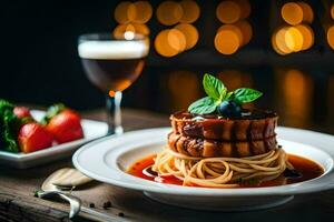 a plate of spaghetti with meat and sauce on a wooden table. AI-Generated photo