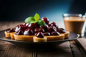 un plato de cerezas y un taza de café. generado por ai foto