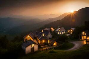 photo wallpaper the sky, mountains, houses, the sun, the mountains, the sun, the. AI-Generated