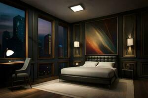 a bedroom with a large bed and a painting on the wall. AI-Generated photo