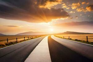 a long empty road with the sun setting behind it. AI-Generated photo
