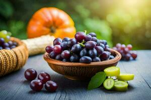 uvas y calabazas en un de madera mesa. generado por ai foto